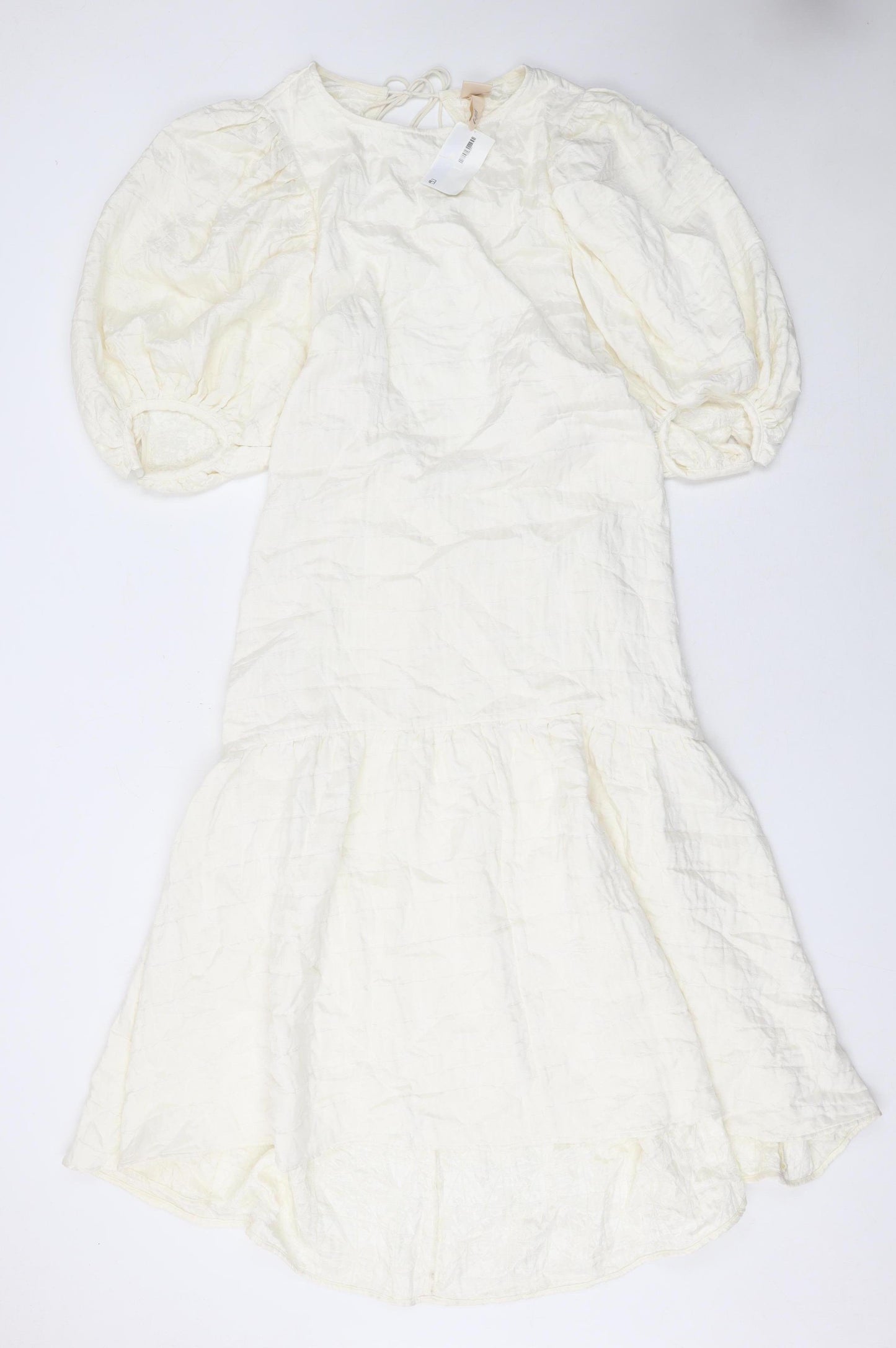 H&M Women Ivory Puff Sleeve Fit & Flare Midi Dress Size 8