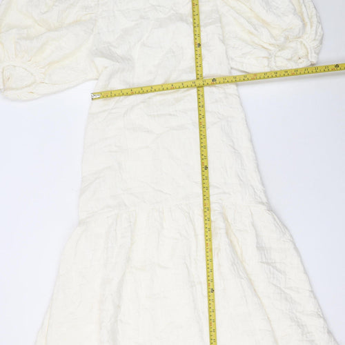 H&M Women Ivory Puff Sleeve Fit & Flare Midi Dress Size 8