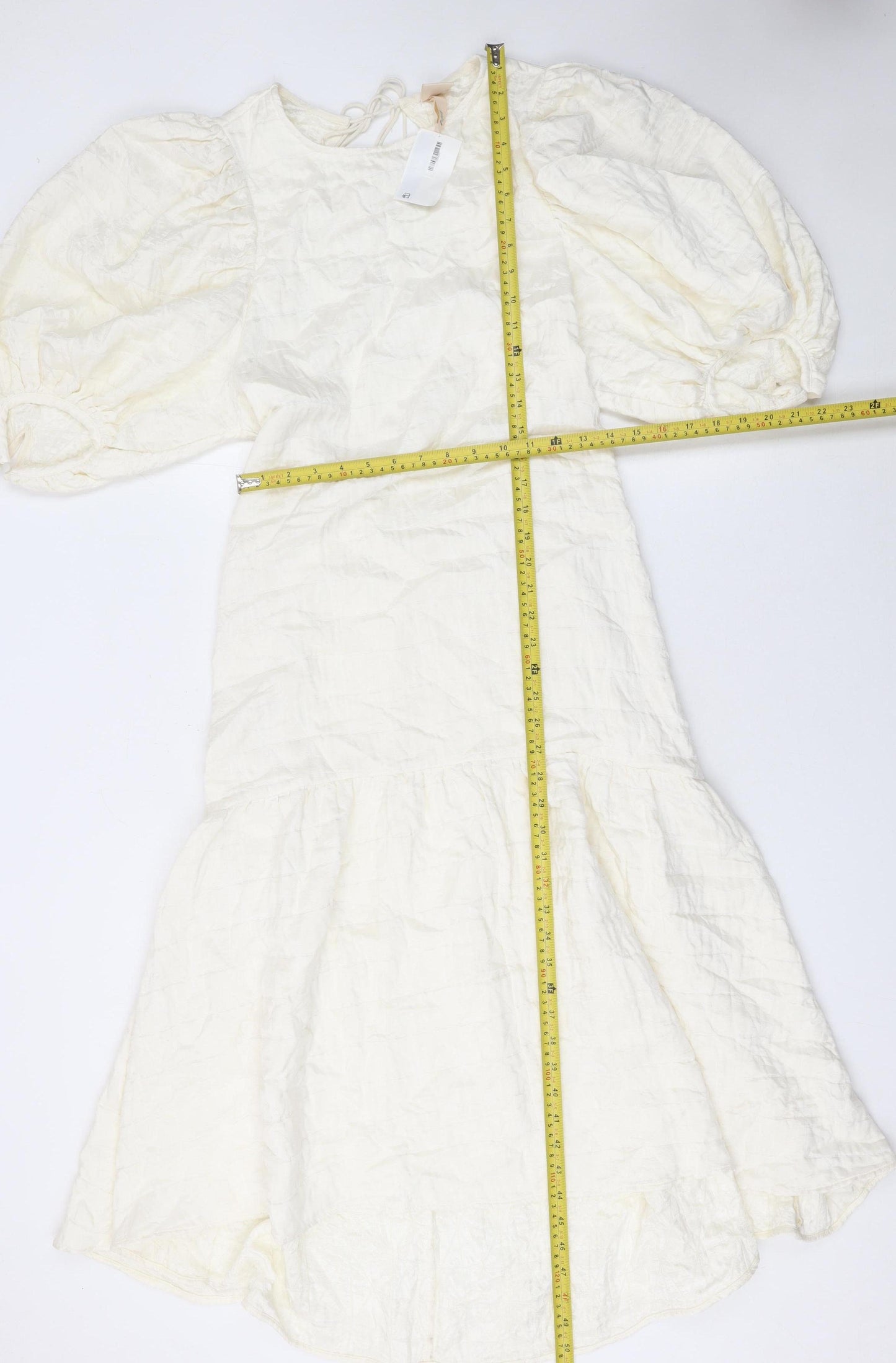 H&M Women Ivory Puff Sleeve Fit & Flare Midi Dress Size 8
