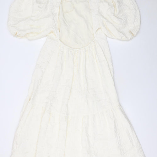 H&M Women Ivory Puff Sleeve Fit & Flare Midi Dress Size 8