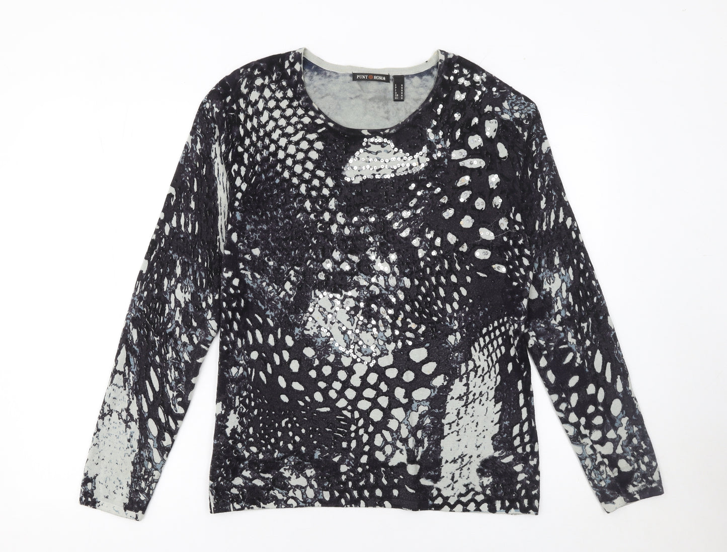 Punt Roma Womens Black Sequin Animal Print Pullover Jumper M