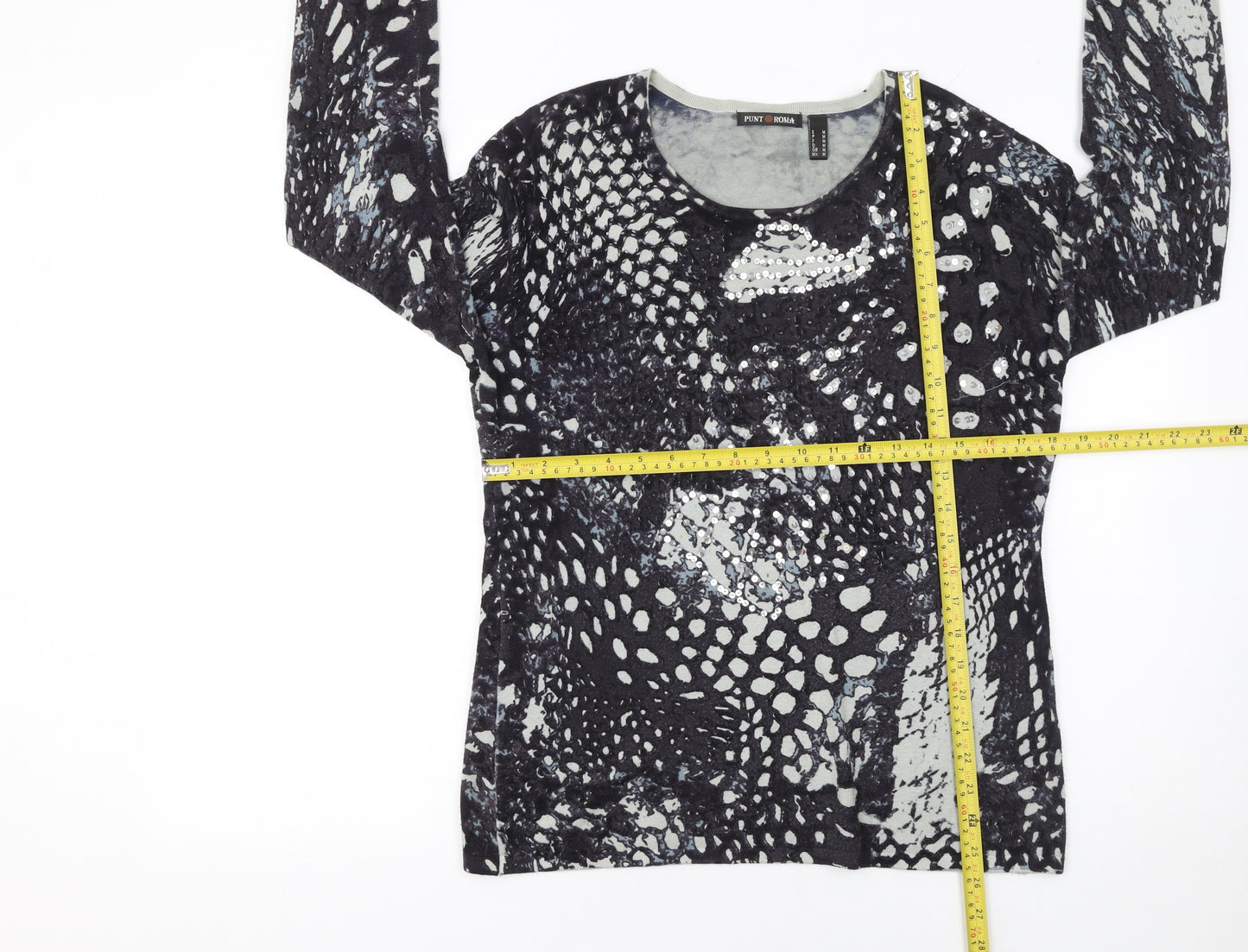 Punt Roma Womens Black Sequin Animal Print Pullover Jumper M