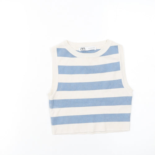 ZARA Women Blue White Striped Cropped Sleeveless Knit Tank Top Size S