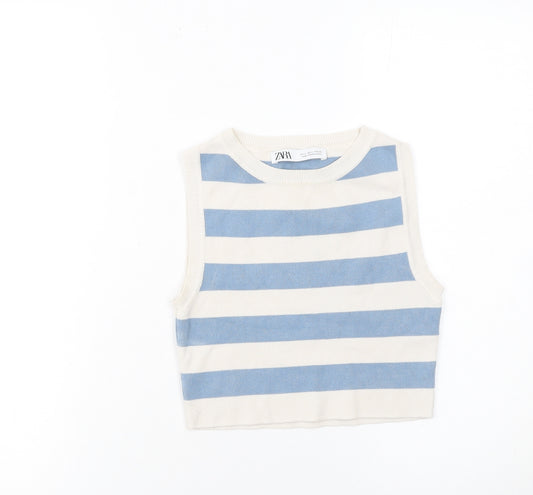 ZARA Women Blue White Striped Cropped Sleeveless Knit Tank Top Size S