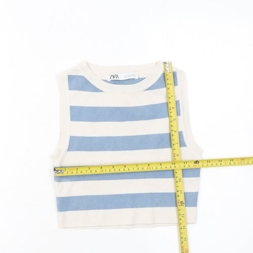 ZARA Women Blue White Striped Cropped Sleeveless Knit Tank Top Size S