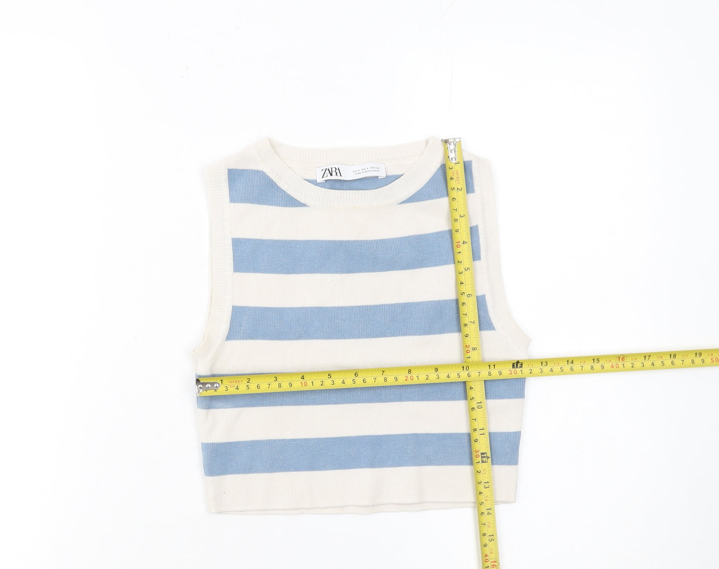ZARA Women Blue White Striped Cropped Sleeveless Knit Tank Top Size S