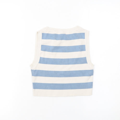 ZARA Women Blue White Striped Cropped Sleeveless Knit Tank Top Size S
