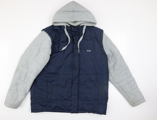 Lee Cooper Men’s Blue 2XL Hooded Puffer Jacket with Grey Sleeves