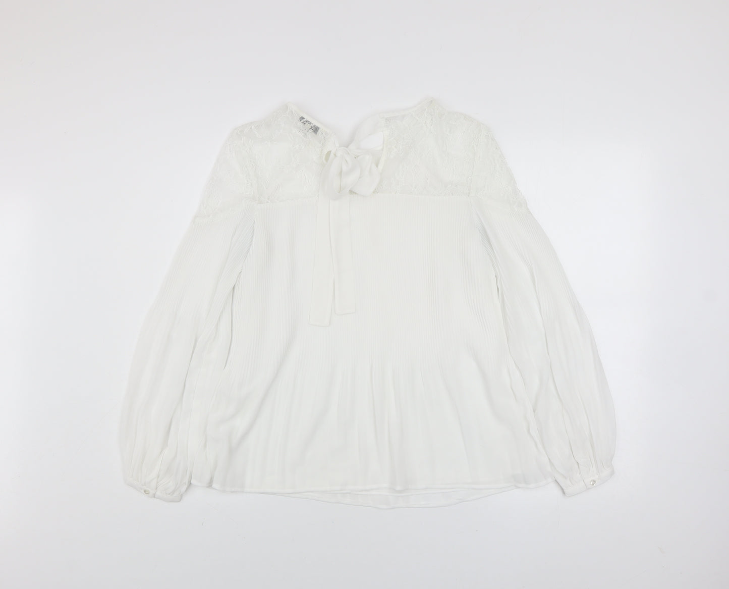 Next Women White Lace Bow Long Sleeve Tunic Blouse Size 8