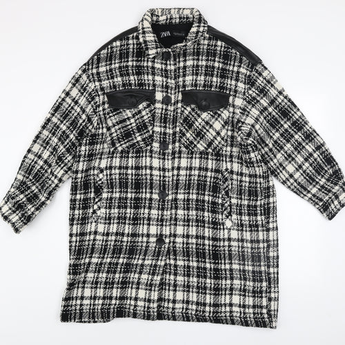 Zara Women Black Check Tweed Long Overcoat Size M