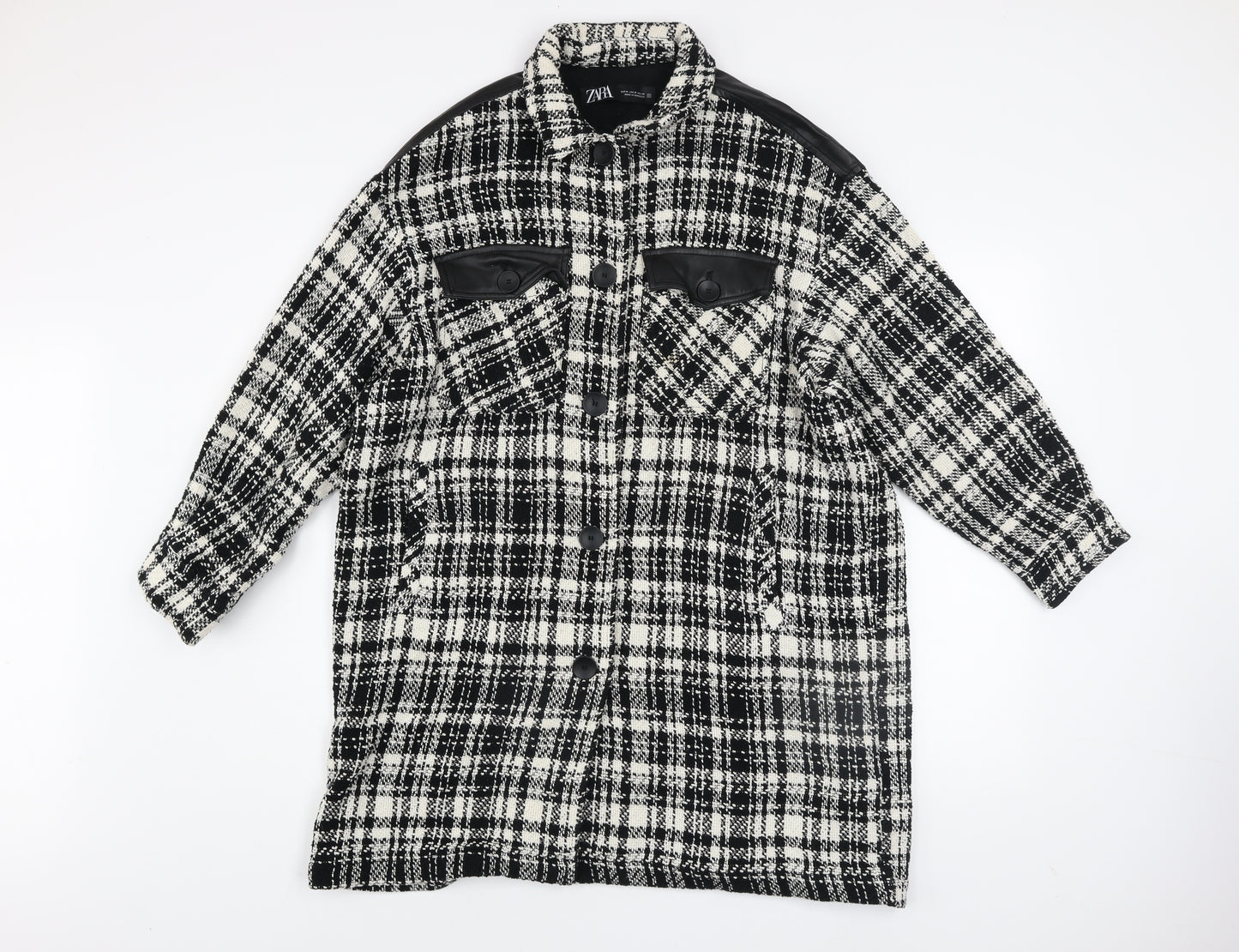 Zara Women Black Check Tweed Long Overcoat Size M
