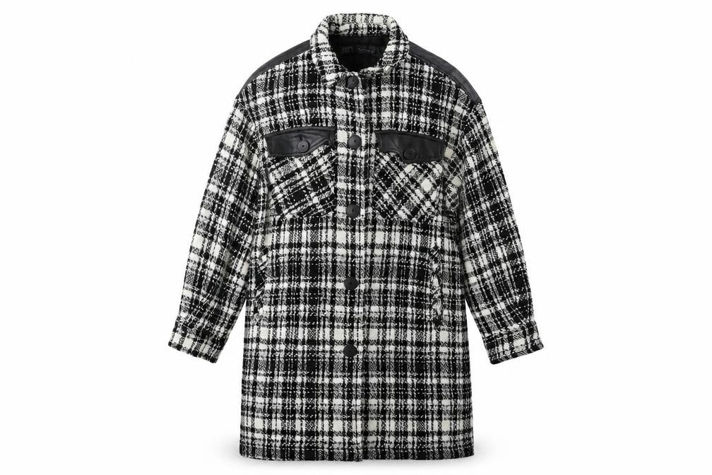 Front view of Zara Women Black Check Tweed Long Overcoat, size M