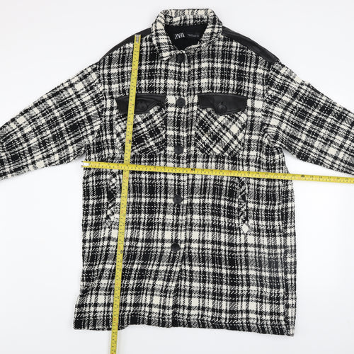 Zara Women Black Check Tweed Long Overcoat Size M