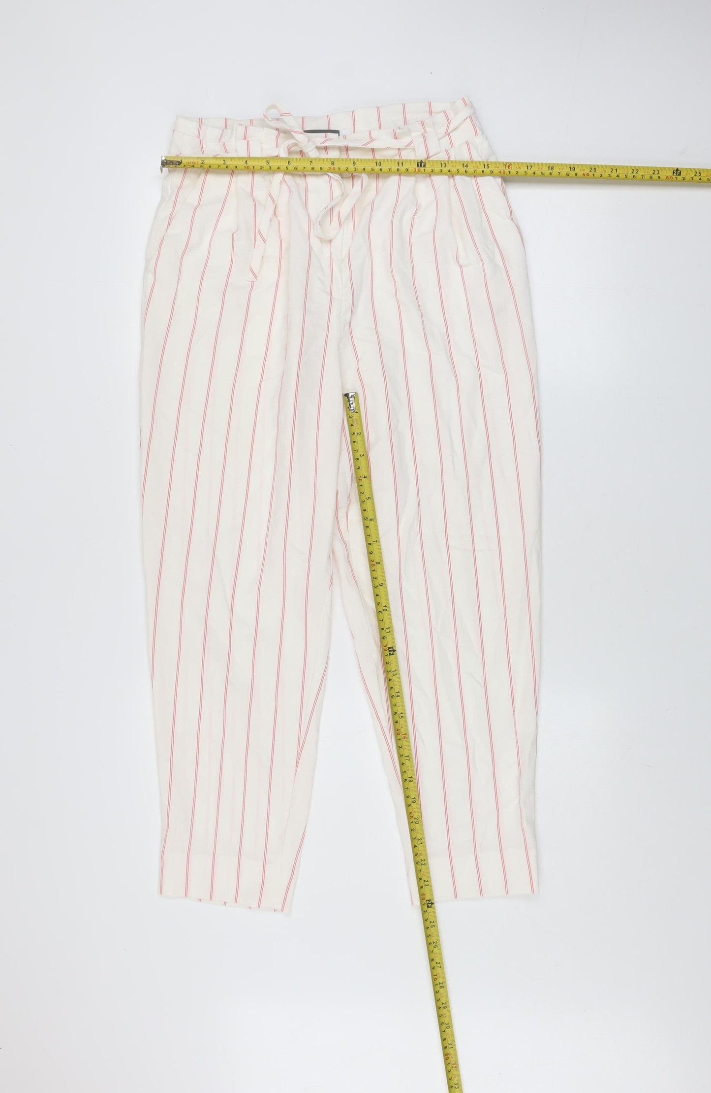 Mint Velvet Women Ivory Striped Paperbag Tapered Trousers Size 10