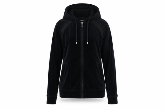 Front view of Miss Fiori women’s black velour full zip hooded track jacket, size UK 8