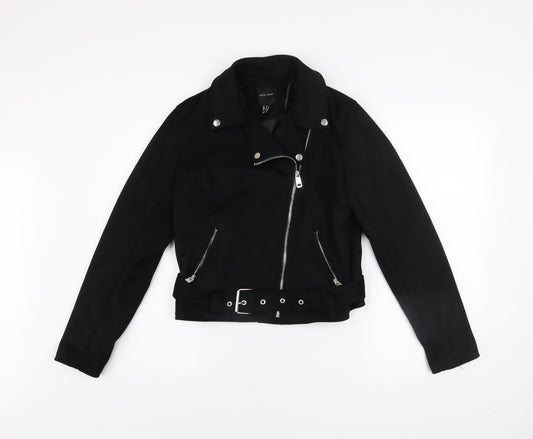 New Look Womens Black Biker Jacket Size 12 Belted Zip Short Softshell