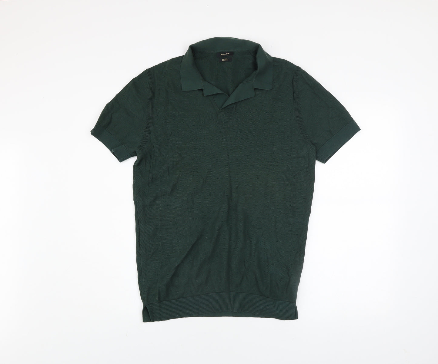 Massimo Dutti Men's Green Cotton Short Sleeve Collared Knit Polo L