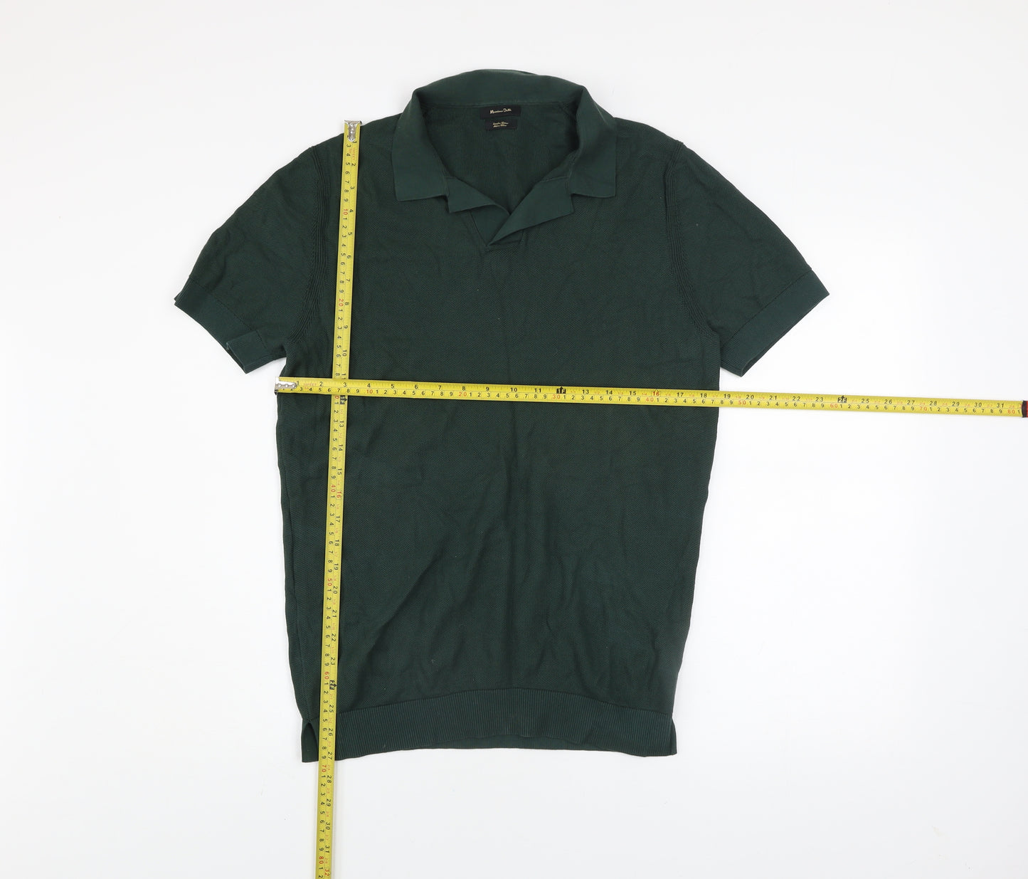 Massimo Dutti Men's Green Cotton Short Sleeve Collared Knit Polo L