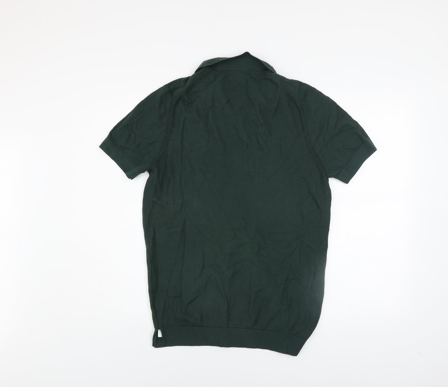 Massimo Dutti Men's Green Cotton Short Sleeve Collared Knit Polo L