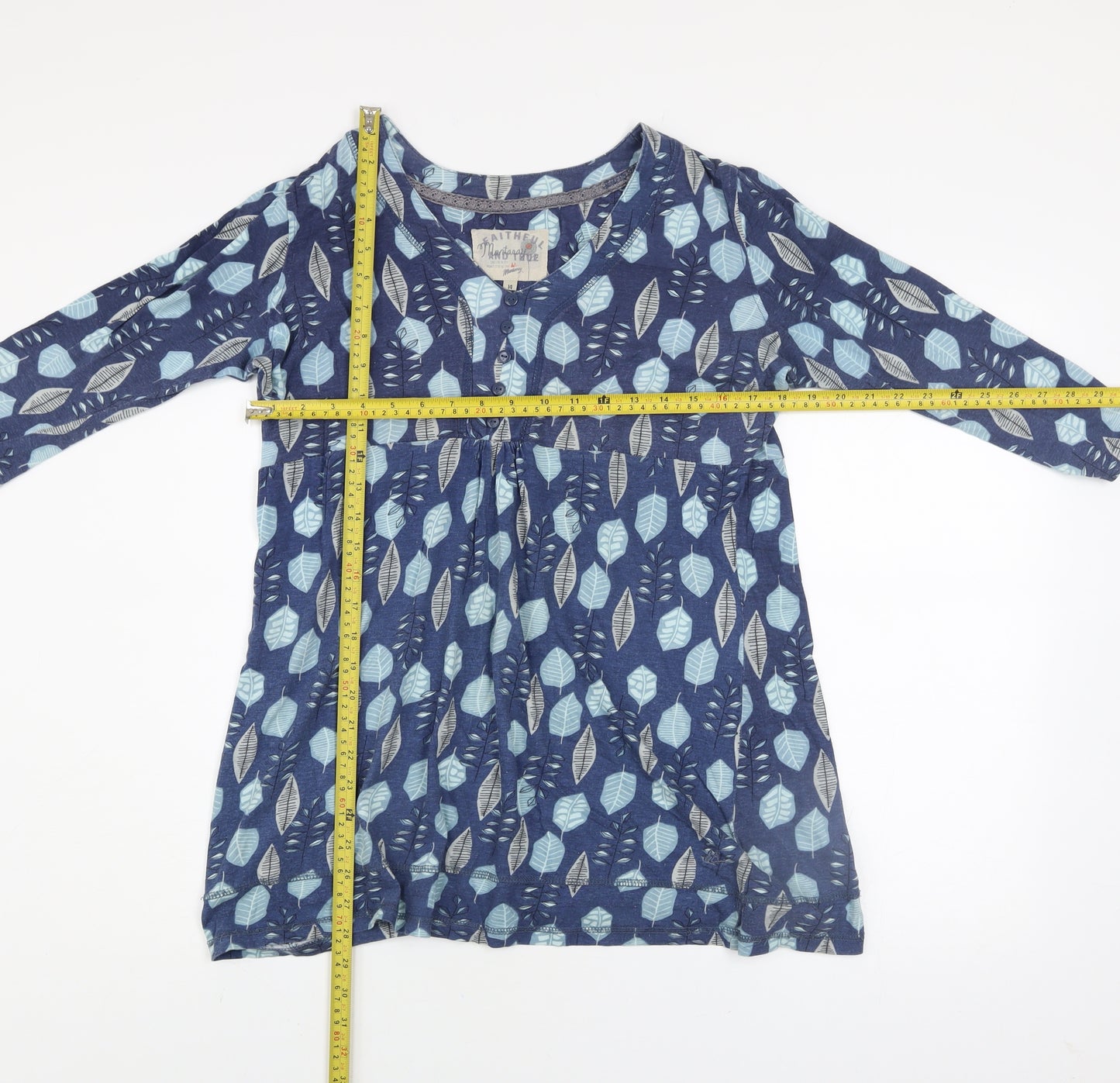 Mantaray Women’s Blue Leaf Print Cotton Tunic Top Size 14