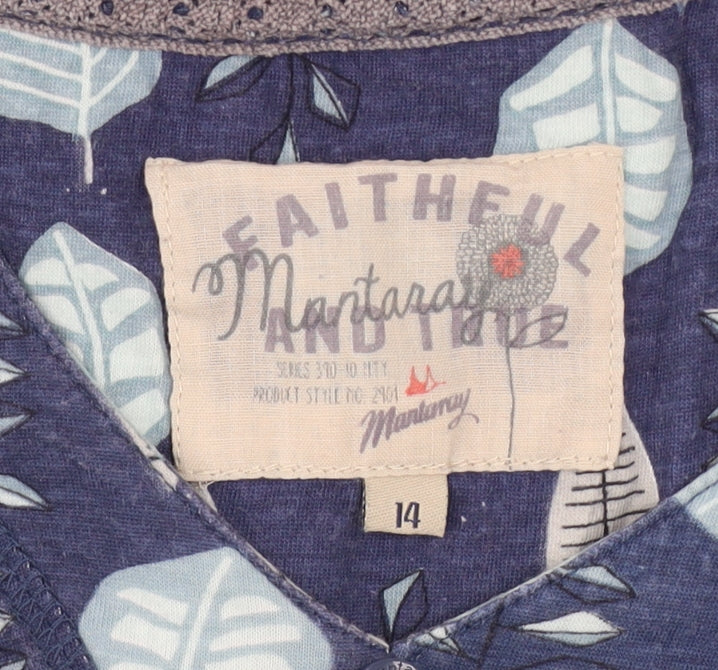 Mantaray Women’s Blue Leaf Print Cotton Tunic Top Size 14