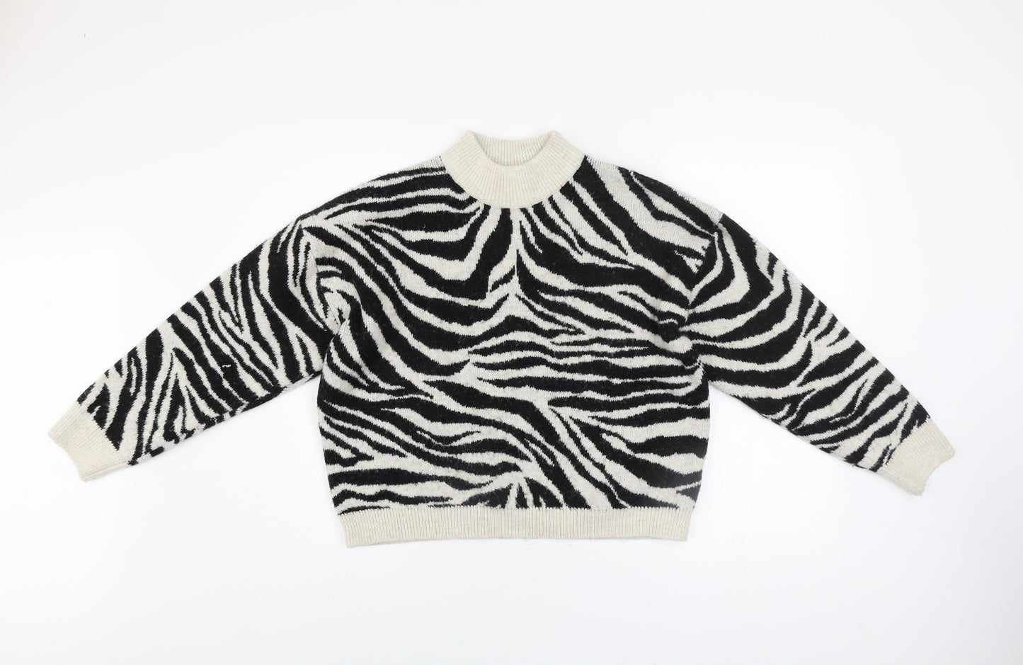 New Look Womens Black & White Zebra Knit Mock Neck Pullover Jumper Size M