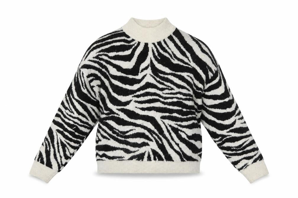 Front view of New Look women’s black & white zebra knit mock neck jumper, size M