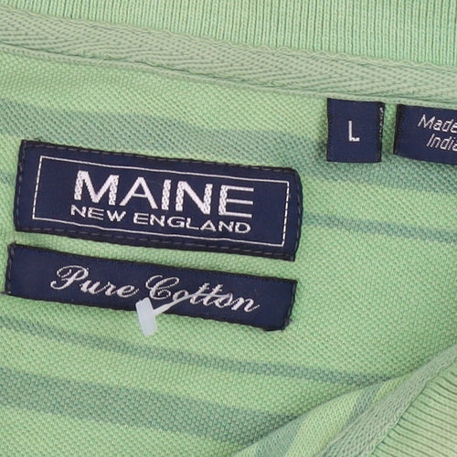 Maine New England Men's Green Striped Pure Cotton Polo Shirt Size L