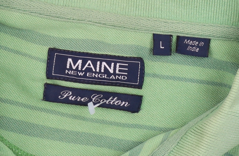 Maine New England Men's Green Striped Pure Cotton Polo Shirt Size L