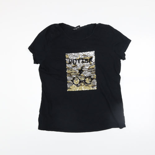 Harry Potter Women's Black Sequin T-Shirt UK 16 Short Sleeve Cotton