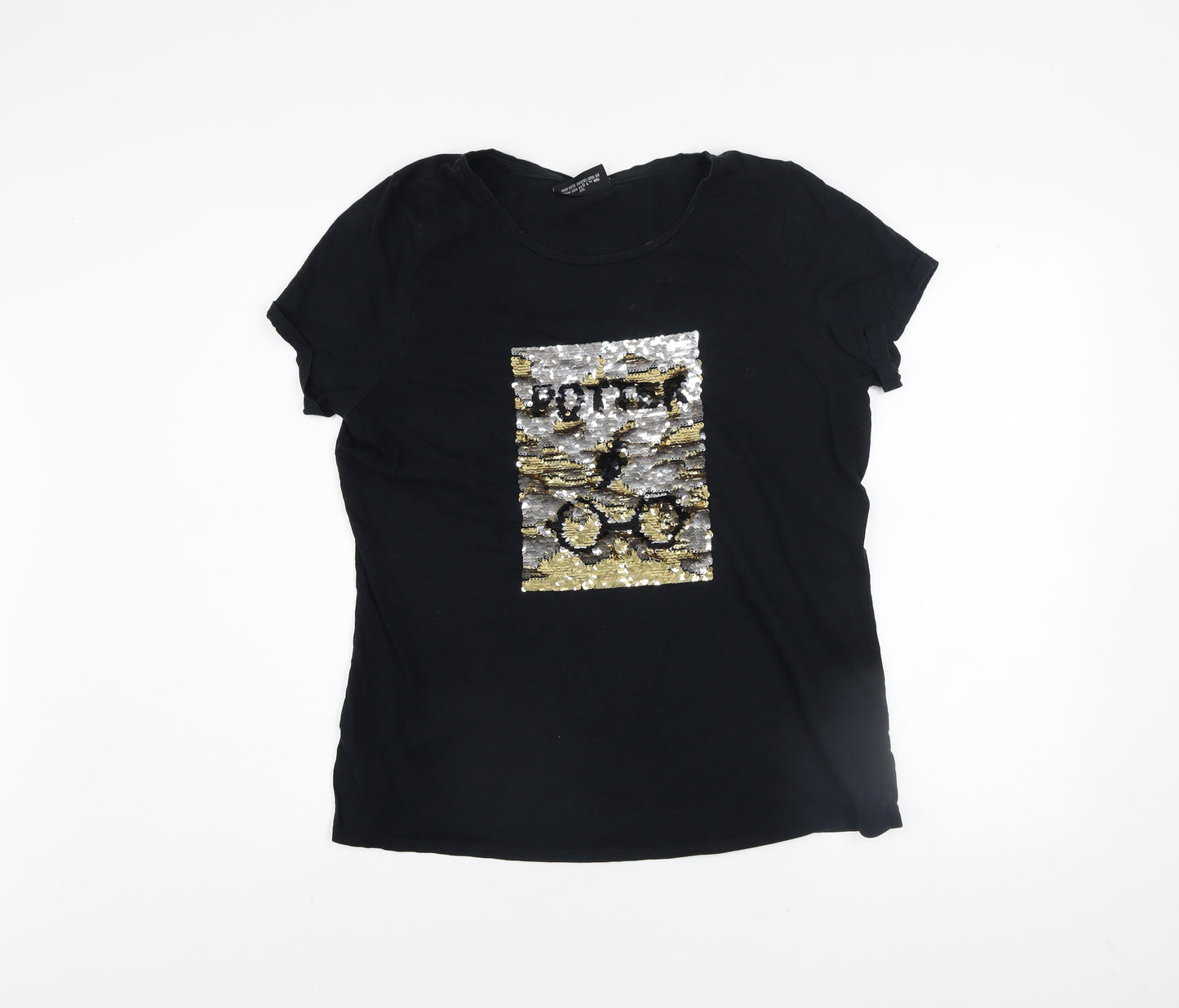 Harry Potter Women's Black Sequin T-Shirt UK 16 Short Sleeve Cotton