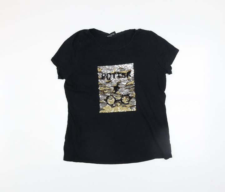 Harry Potter Women's Black Sequin T-Shirt UK 16 Short Sleeve Cotton