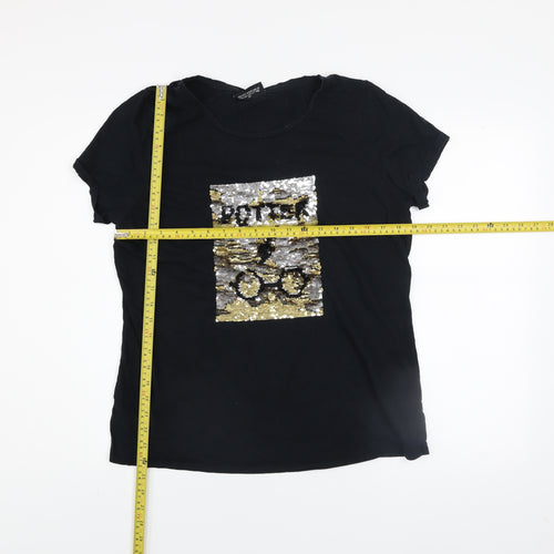 Harry Potter Women's Black Sequin T-Shirt UK 16 Short Sleeve Cotton