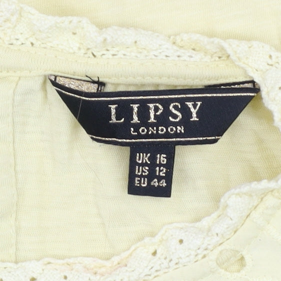 Lipsy Women Yellow Embroidered Cotton Tunic Blouse Size 16