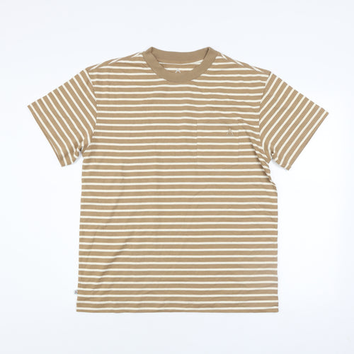 Passenger Men's Beige Striped Crew Neck Cotton T-Shirt Size S