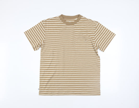 Passenger Men's Beige Striped Crew Neck Cotton T-Shirt Size S