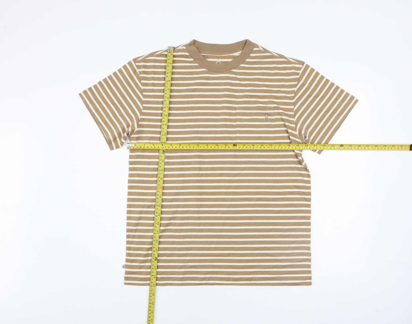 Passenger Men's Beige Striped Crew Neck Cotton T-Shirt Size S