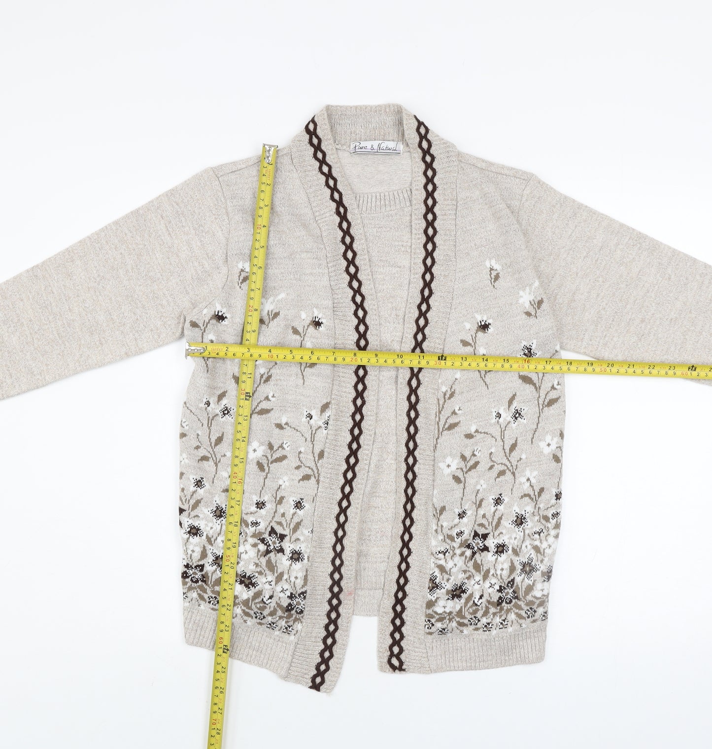 Pure & Natural Women Beige Floral Embroidered Cardigan S