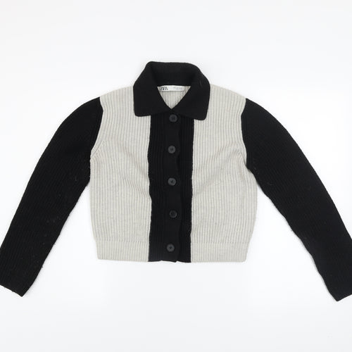 ZARA Womens Black Grey Collared Button Cardigan Size S