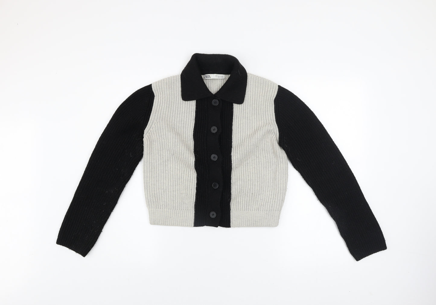 ZARA Womens Black Grey Collared Button Cardigan Size S