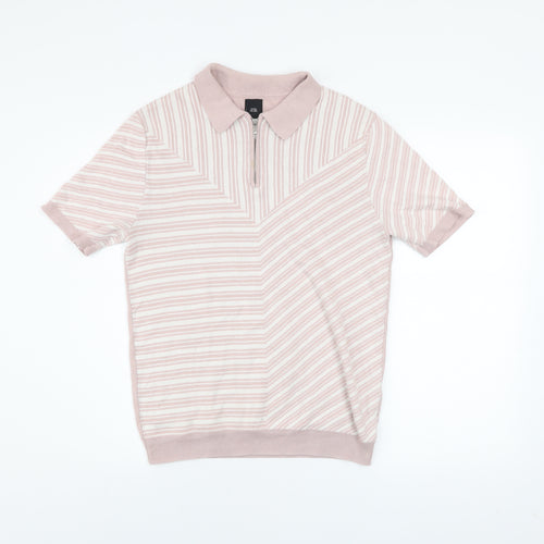 River Island Men's Beige Striped Knit Zip Polo Shirt Size S