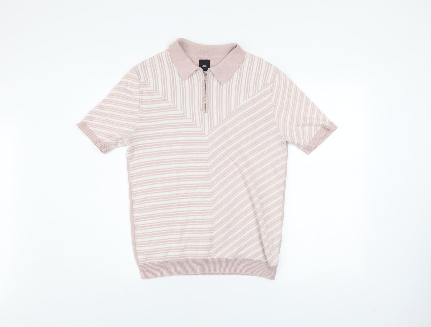 River Island Men's Beige Striped Knit Zip Polo Shirt Size S