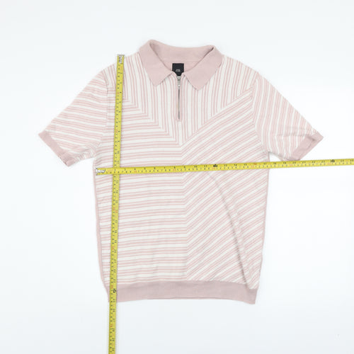 River Island Men's Beige Striped Knit Zip Polo Shirt Size S