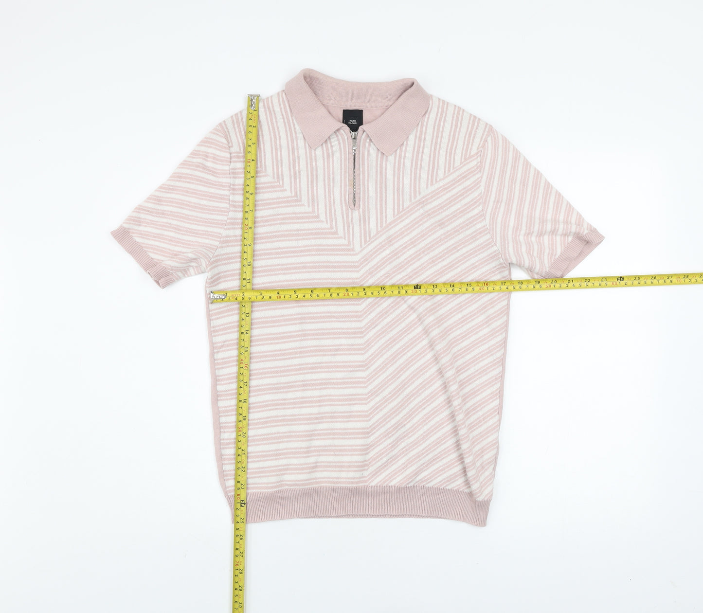 River Island Men's Beige Striped Knit Zip Polo Shirt Size S