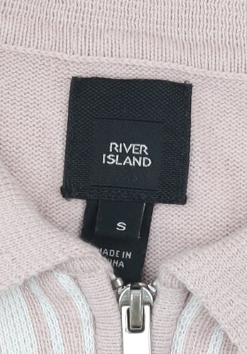 River Island Men's Beige Striped Knit Zip Polo Shirt Size S