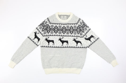 Next Men's White Fair Isle Reindeer Jumper L Winter Knitwear