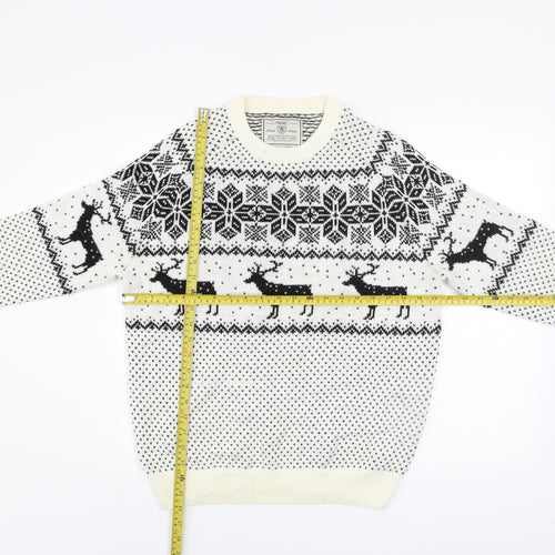 Next Men's White Fair Isle Reindeer Jumper L Winter Knitwear