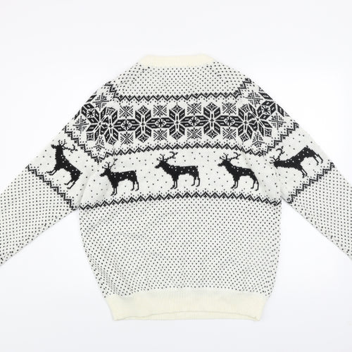 Next Men's White Fair Isle Reindeer Jumper L Winter Knitwear