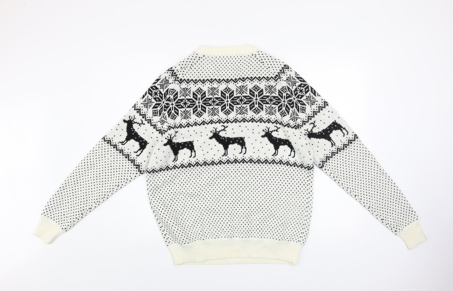 Next Men's White Fair Isle Reindeer Jumper L Winter Knitwear