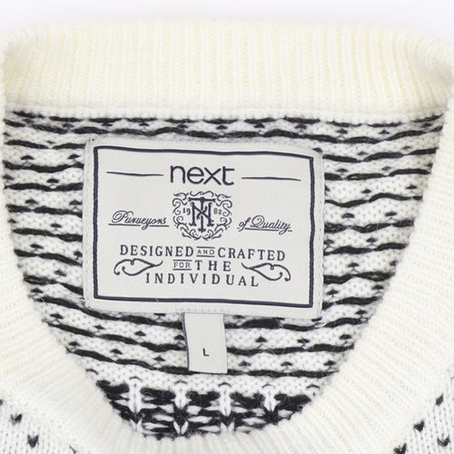 Next Men's White Fair Isle Reindeer Jumper L Winter Knitwear